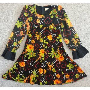 Vintage 70s Psychedelic Dress Empire Waist Sheer Sleeve Dopamine